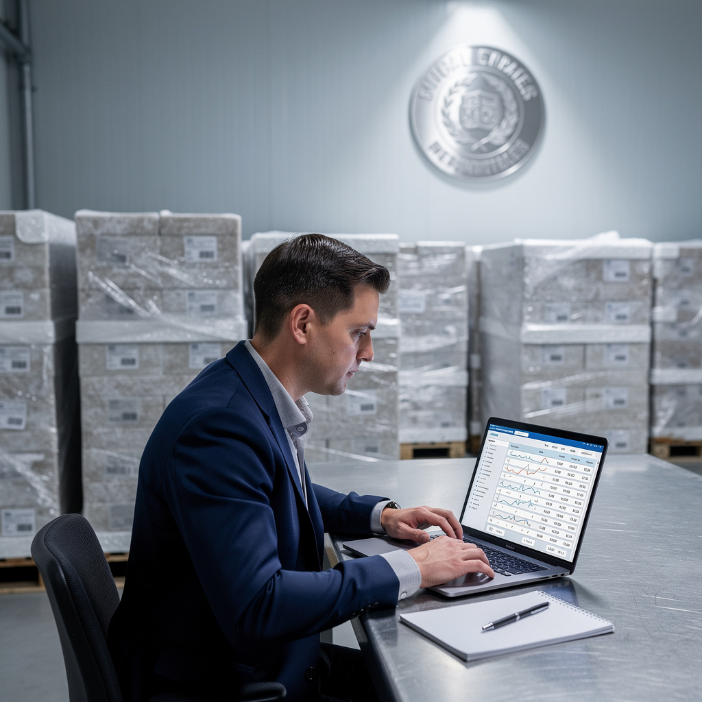 Procurement executive inspecting cold chain cargo documentation