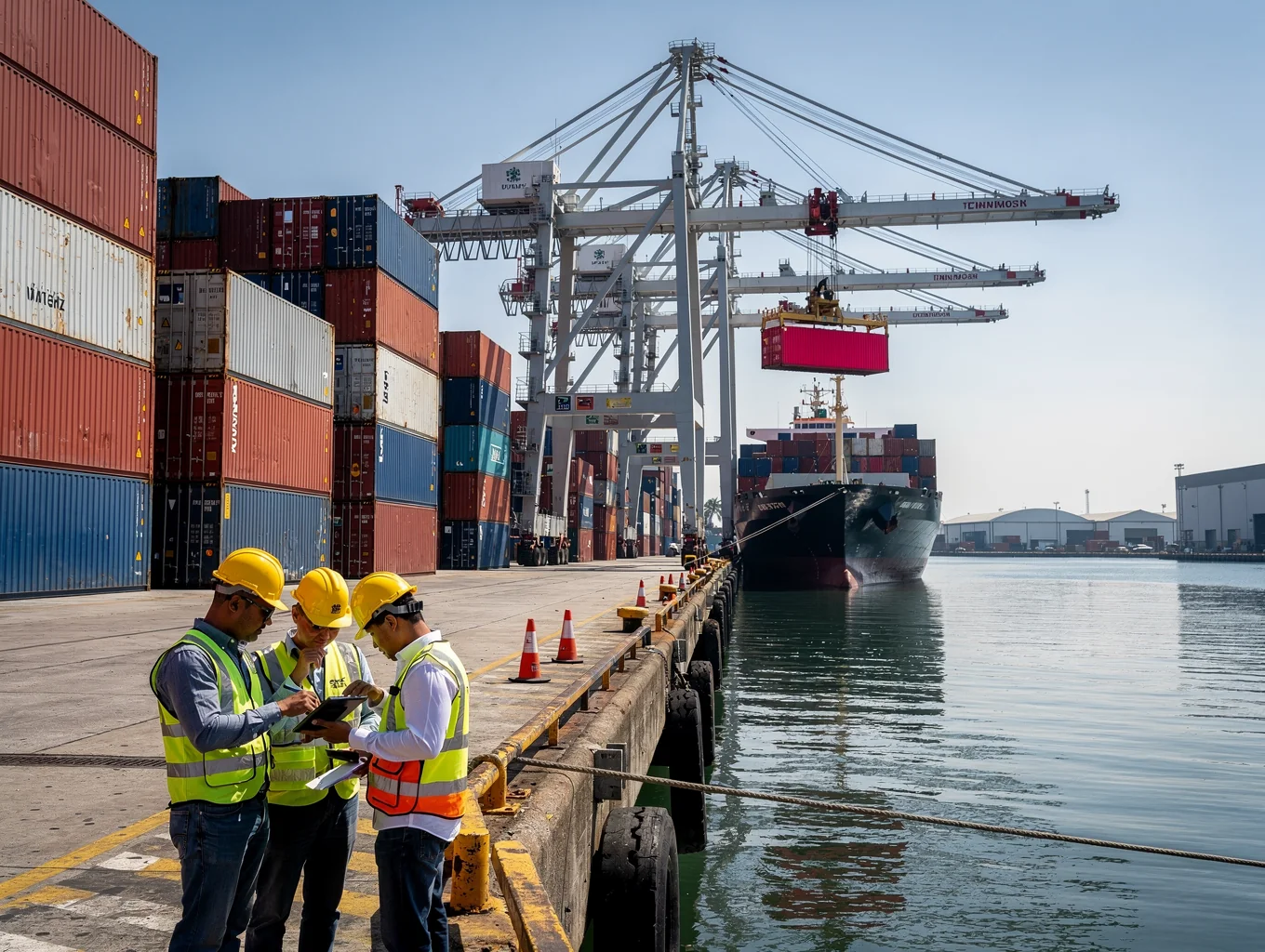 Commercial container cargo ship loading intermodal freight containers at port terminal