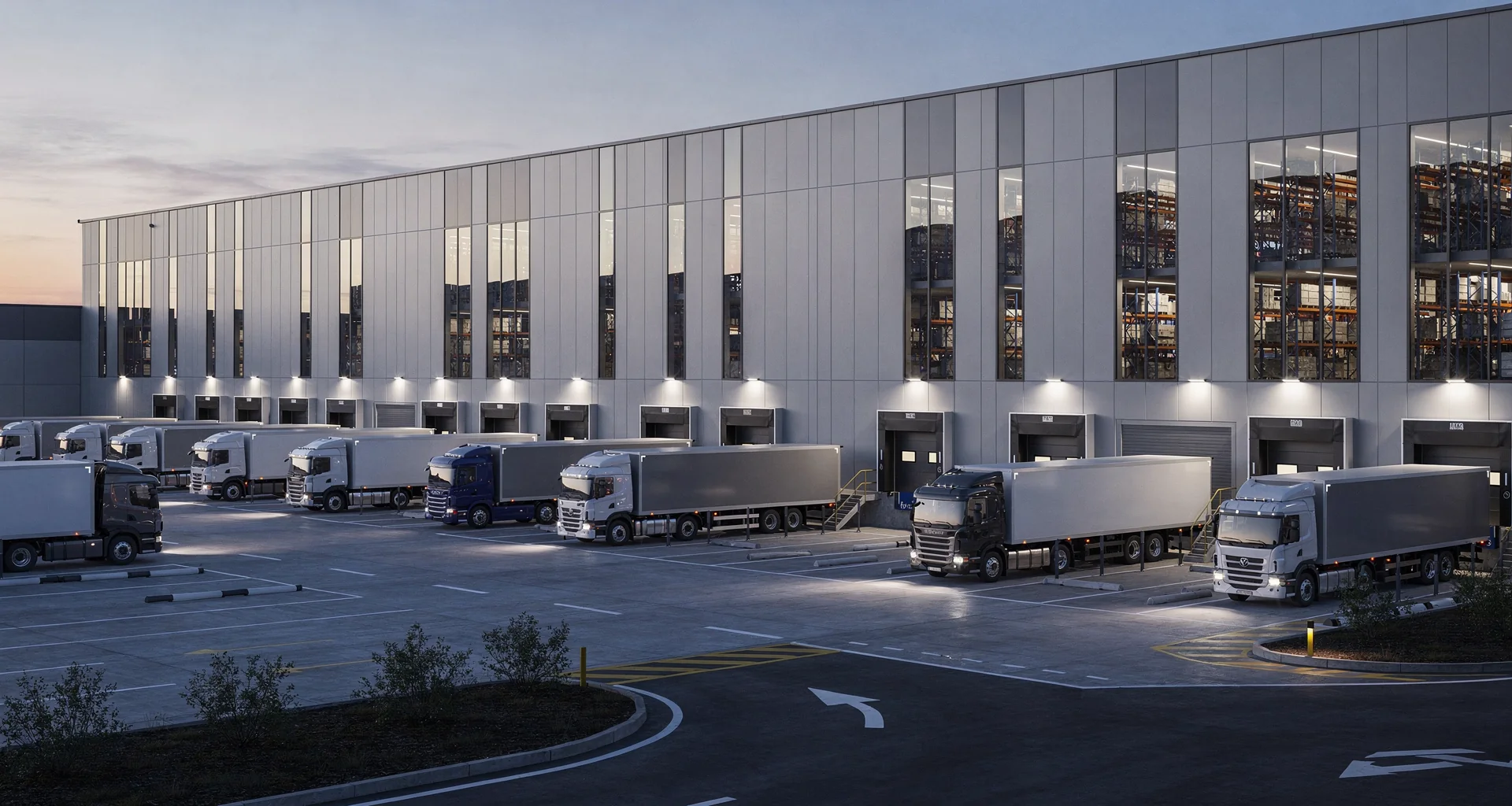 Commercial warehouse loading docks active at dusk